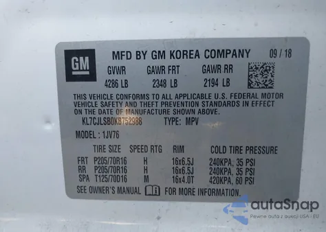 2019 Chevrolet Trax Lt z USA, uszkodzony, nr VIN KL7CJLSB0KB752988